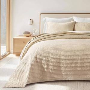lot 11503 image: EVERGRACEHOME Cotton Sateen Quilt Set King Size, Pre-Washed Cotton Channel Stitch Coverlet Bedspread, 3 Pieces Lightweight Soft Bedding Sets for All Season, with 2 Pillow Shams, Light Sand