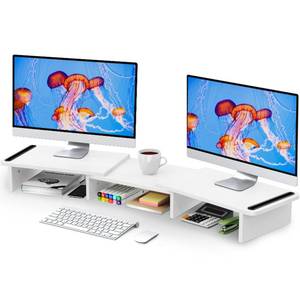 lot 11510 image: Zimilar Dual Monitor Stand Riser, Monitor Stand with Adjustable Length and Angle, Wood Monitor Stand for Desk, Monitor Riser for 2 Monitors with Storage Space