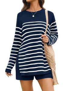 lot 12037 image: NENONA Womens Striped Spring Summer Sweater Sets 2 Piece Beach Vacation Outfits Long Sleeve Casual Knit Tops & Shorts Loungewear,Navy,S