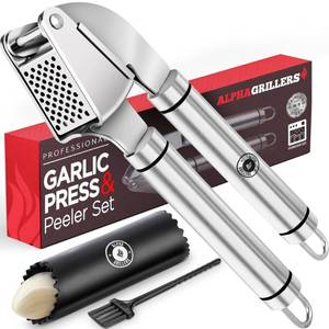 lot 12081 image: Garlic Press Stainless Steel - Professional Garlic Mincer and Crusher with Silicone Peeler Dishwasher Safe