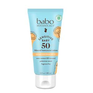 lot 12098 image: Babo Botanicals Sensitive Baby Mineral Sunscreen Lotion SPF50 - Natural Zinc Oxide - Face & Body - Fragrance-Free - Water-Resistant - EWG Verified - Vegan - Extra Sensitive Skin - For Babies & Kids
