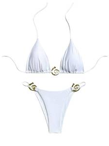 lot 12120 image: Milumia Womens 2 Piece Halter Tie Back Cheeky Swimsuit Metal Decor Triangle Thong Bikini Set White Medium