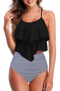 lot 12121 image: Womens Tankini Swimsuits Ruffled Tank Top Tummy Control Floral Modest Swimwear High Waisted Bikini Vintage Black L