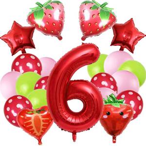 lot 12137 image: 21Pcs Strawberry Balloons Fruit Strawberry Balloon Birthday Number Foil Mylar Balloon Strawberry Party Supplies Strawberry 6th Birthday Decorations