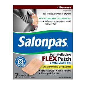 lot 12146 image: Salonpas Maximum OTC Strength Lidocaine 4% Pain Relieving Flex Patch, Apply for Up to 8 Hours, Unscented, Thin, Flexible, Lightweight, Patch Stays in Place, 7 Patches