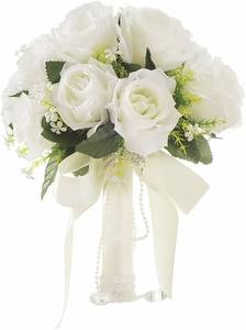 lot 12161 image: Wowagoga 12 Inch Wedding Bouquet with Pearl Crystals Ribbons,Artificial Rose Flower for Bride Bridesmaids Artificial Fake Flowers Fake Flowers Toss Bouquet for Wedding Party Church(White)