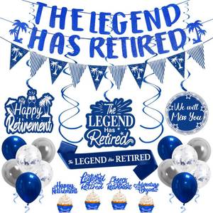 lot 12173 image: Kuxriox 24PCS Happy Retirement Party Decorations for Men, Blue Silver Retirement Party Supplies Kit, The Legend Has Retired Banner Backdrop, Sash, Balloons, Hanging Swirl, Cake Topper Set