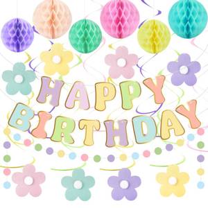 lot 12177 image: Amandir Pastel Birthday Decorations for Girls Women, Happy Birthday Banner with Honeycomb Balls, Daisy Flowers Hanging Swirls, Circle Dots Garland, Pastel Spring Easter Party Decorations Supplies