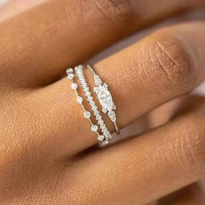 lot 12194 image: Mnyixsi 3PCS 925 Sterling Silver Engagement Rings Dainty Diamond Promise Rings Bridal Wedding Cubic Zirconia Fashion Ring Sets for Women Stackable Curved Moissanite Eternity Band Rings Size 8