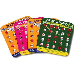 lot 12199 image: Regal Games Finger-Tip Shutter Bingo Cards with Sliding Windows - Interstate Bingo & Auto Bingo Game - Assorted Colors Travel Bingo Game Set Kids - Reusable, No Chips & Daubers Needed - 4 Packs