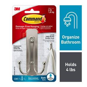 lot 12221 image: Command Large Double Bathroom Wall Hook  Satin Nickel  Damage Free Hanging  1 Metal Hook