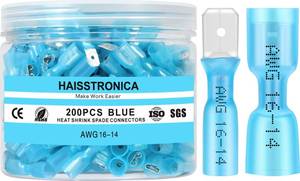 lot 12245 image: haisstronica 200PCS Blue Heat Shrink Spade Connectors,AWG 16-14 Heat Shrink Spade Terminlas Kit, Speaker Wire Connector, Male and Female Electrical Quick Disconnect Wire Connectors