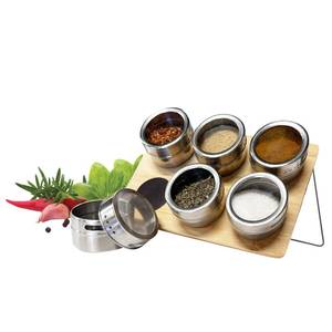 lot 15418 image: JS Gourmet 6 Round Piece Magnetic Stainless Steel Spice Canister Jar Set with Rectangle Bamboo Tray, Ideal for Kitchen Organization Storing Spices, Salt, Pepper, Sugar, and More