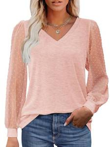 lot 16302 image: Bellcoco Womens Dressy Casual Blouses Long Sleeve Tops V Neck Shirts Casual Swiss Dot T-Shirt Sheer Puff Sleeve Shirts(Pink,XL)