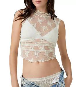 lot 16303 image: Cioatin Women Y2K Sheer Floral Lace Mesh Crop Tops Sleeveless See Through Mock Neck Ruched Lettuce Brami Muscle Tank Cream, Medium