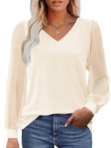 lot 16305 image: Bellcoco Womens Dressy Casual Blouses Long Sleeve Tops V Neck Shirts Casual Swiss Dot T-Shirt Sheer Puff Sleeve Shirts(Khaki,s)