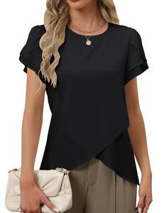 lot 16308 image: BMJL Womens Dressy Casual Blouses Work Business Casual Tops Summer Tulip Sleeve Wrap Shirts (M,Black)