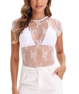 lot 16312 image: Cioatin Women 2024 Sheer Floral Lace Mesh Short Sleeve Crop Tops Crew Neck Y2K See Through Summer Going Out Shirt Blouse White, Small