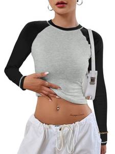 lot 16313 image: SOFIAS CHOICE Womens Long Sleeve Raglan T Shirt Crop Top Crewneck Color Block Tee Grey Black Small