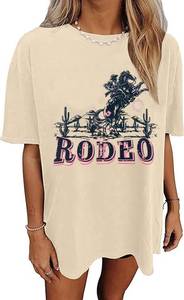 lot 16316 image: Womens Western Cowboy Shirts Vintage Rodeo Graphic Oversized Tops Country Music Tees Short Sleeve Cowgirl T-Shirt(Beige,L)