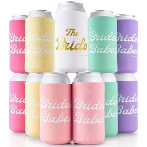 lot 16335 image: Brides Babes Bachelorette Party Skinny Can Sleeves 11 Pack - Insulated Neoprene Drink Holders, Fit Slim Spiked Hard Seltzer Beer Cans Bridal Shower Decorations Supplies Favors (Retro Rainbow)