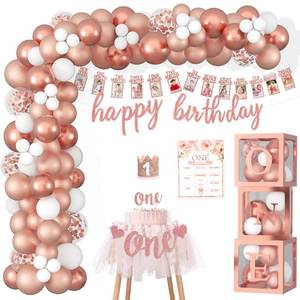 lot 16357 image: Huimdery First Birthday Decorations for Girl Baby 1st Birthday Decoraions One Year Old Party Supplies Includes Rose Gold One Balloons Boxes,Newborn Photo Banner, Balloons, Crown, Cake Topper, Poster