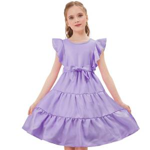 lot 16359 image: PARTTELY Girls Summer Dress Ruffle Sleeve Tiered Swing A-Line Flared Skater Party Dress with Pockets 5-14T