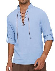 lot 16375 image: Vinsekep Mens Long Sleeve Lace up Shirt Renaissance Pirate Viking Medieval Costume Halloween Cosplay Light Blue Brown 3XL