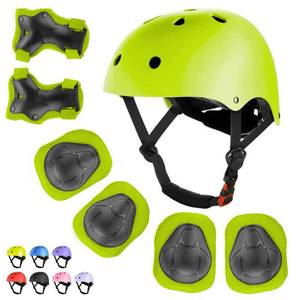 lot 14026 image: WayEee Kids Bike Helmet Set Skateboard Knee Pads, 7PCS Protective Gear Adjustable for Girls Boys 3-10 Age Elbow Pads Wrist Guards for Outdoor Sports Cycling Bike Roller Skating Scooter, Youth, Green