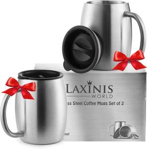 lot 14029 image: Laxinis World Stainless Steel Coffee Mugs with Spill Resistant Lids, 14 Oz Double Walled Insulated Coffee, Tea or Beer Cups, Set of 2