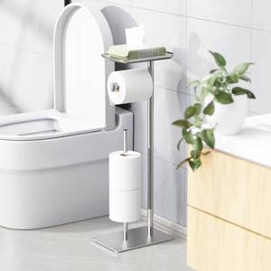 lot 14030 image: Toilet Paper Holder Stand with Top Storage Shelf, Free Standing Toilet Roll Dispenser for Bathroom, Holds 4 Reserve Rolls