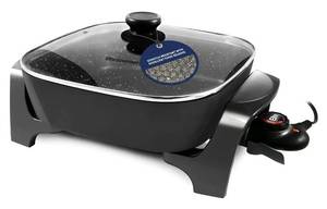 lot 14107 image: Elite Gourmet EG6201 Extra Deep 12x12x3.2 (7.5Qt.) Scratch Resistant Dishwasher Safe, Non-stick Electric Skillet with Glass Vented Lid, Adjustable Temperature, Black