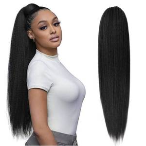 lot 14108 image: Long Black Yaki Straight Drawstring Ponytail for Black Women 26inch Synthetic Slight Kinky Straight Ponytail Extension Clip in for Daily Party Use(1B Black)