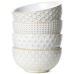 lot 14113 image: LE TAUCI Cereal bowls 26 oz, Ceramic Soup Bowl for Kitchen, Embossment Stoneware Bowl for Pho, Chip, Fruits, Salad, Noodle, Ramen, Suit For Housewarming - 6 Inch, Set of 4, Arctic white