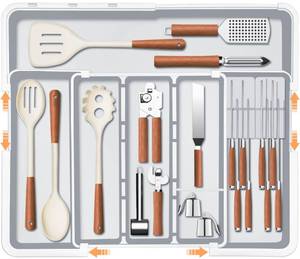 lot 14121 image: Homecor Large Utensil Organizer for Kitchen Drawer, Expandable Silverware Drawer Organizer Cooking Utensils Tray, Cutlery Flatware Holder Kitchen Spatula Tools & Gadgets Storage with 3 Dividers, Grey