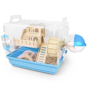 lot 14127 image: Cycodo 8 in 1 Acrylic Hamster Cage,2-Tier Dwarf Hamster Cage with Wooden Wheel & Hideout,Small Hamster Habitat with Accessories,Clear Pet Mice House(Blue,14 L10 W11 H)
