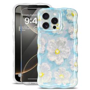 lot 14131 image: sheheme for iPhone 16 Pro Case with 9H Screen Protectors Wave Bumper Colorful Oil Painting Flowers Print Blue Glossy Soft TPU Phone Case Cover for Girls Women,Light Blue