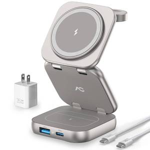 lot 14141 image: Wireless Charger for MagSafe, 5-in-1 Evolved Charging Stand, 15W Max Fast Portable Magnetic Station, Titanium Aluminum Foldable for iPhone 16151413 Series, Apple Watch, AirPods (with 35W Adapter)