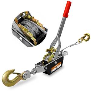 lot 14148 image: KITUYOTO Come Along Winch Tool 1T, 2 Gear Come Along Power Ratchet Puller Tool with Cable 2 Hooks, Cable Winch Puller for Construction, Moving, Securing, Automotive