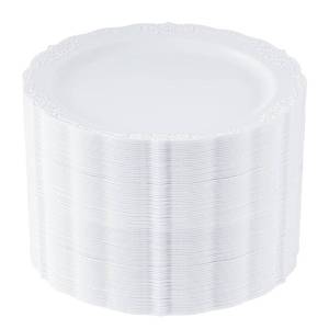 lot 14159 image: Upassion 100 Pieces White Plastic Plates - 10.25 inch White Dinner Disposable Plates - Premium Hard Disposable Dinner Plates - Party Supplies for Birthdays, Celebrations, Wedding and Events