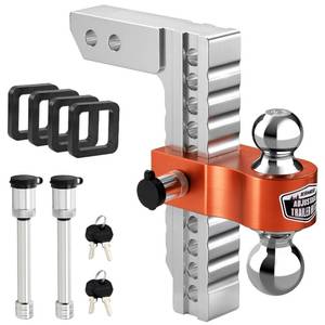 lot 14182 image: Kohree Adjustable Trailer Hitch Fit 2 Inch Receiver, Dual Solid Ball 2 and 2-516(12,500 LBS GTW), 10 Drop & Rise Heavy Duty Aluminum Tow Hitch with 4 Silencer Pads & 2 Locking Hitch Pin, Orange - Retail $120.73