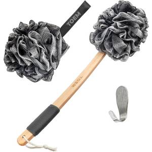 lot 14194 image: Toem Loofah Back Scrubber for Shower  Bamboo Charcoal Fiber Infused  Loufas for Men & Women  Includes 1 Long Handled Shower Sponge, 1 Bath & Shower Luffa Pouf & 1 Hook to Hang Stuff (Slate Grey)