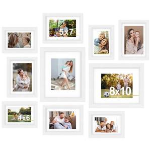 lot 14206 image: Povrgive Picture Frames Set of 10 White, Bulk MDF Frames for 8x10, 5x7, 4x6 Photos Real Glass for Wall or Tabletop