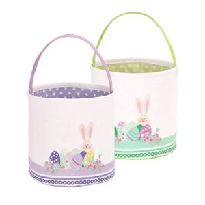 lot 14214 image: LessMo 2Pack Easter Bunny Basket Easter Egg Buckets, Green Purple Cute Personalized Canvas Cotton Tote Bags Egg Hunt Basket for Easter Party Gifts