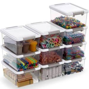 lot 14243 image: Citylife 1.32 QT 10 Pack Small Storage Bins Plastic Storage Container Stackable Box with Lids for Organizing, Clear Grey.