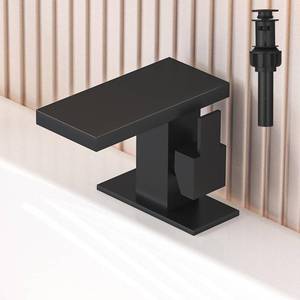lot 44793 image: Hoimpro Matte Black Bathroom Faucet for 1 Hole Waterfall Faucet with Pop-up Drain, Bathroom Sink Faucet, Single Handle Single One Hole Vanity Faucet cUPC Water Supply Line, 6 Inch Deck Plate