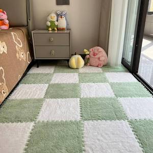 lot 44797 image: 12 Pcs Plush Foam Interlocking Carpet Tiles,Soft Shaggy Fluffy Floor Area Rugs with Padding,Colorful Floor Protective Mats for Home Kids Room Playroom (White and Green, 11.8 x 11.8 x 0.39)