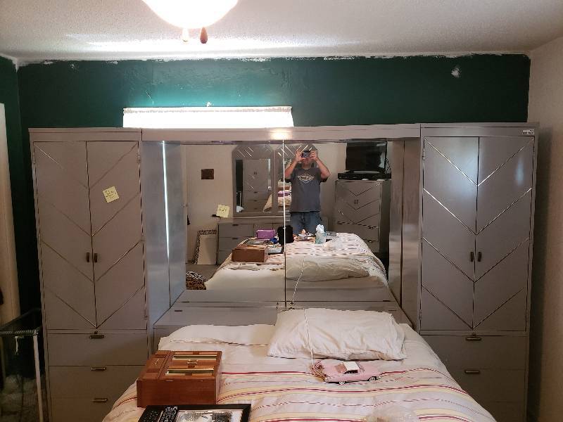 lot 2555 image: Broyhill Headboard Cabinet Art Deco Style Mattress Not Included