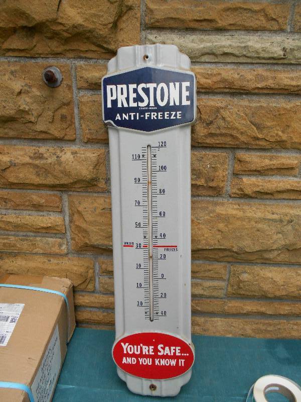 lot 8127 image: Vintage 1940s Prestone Anti-Freeze Youre Safe Porcelain 36 Thermometer Sign Advertising