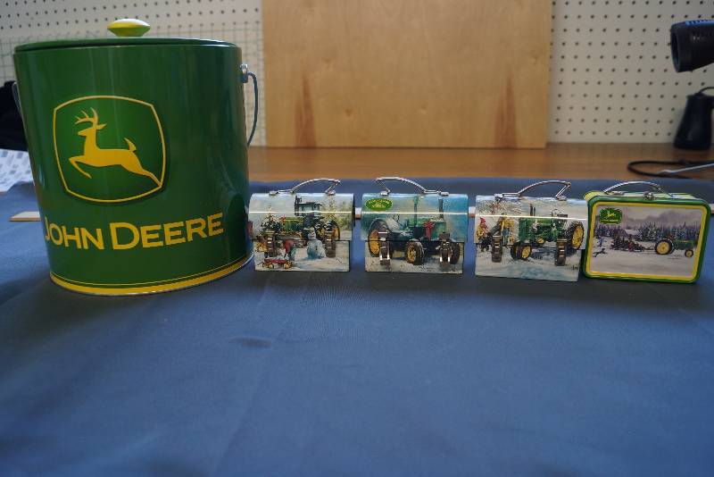 lot 219 image: 5 Piece John Deere Lot-  Large Ice Bucket With Lid and 4 Various Tins